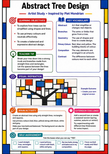 Piet Mondrian Abstract Tree Design | KS3 Art Worksheet & Cover Lesson