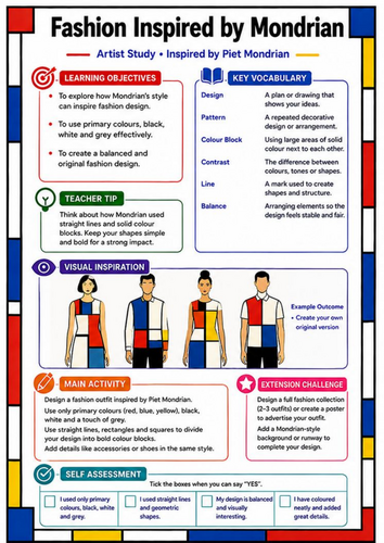 Piet Mondrian Fashion Design | KS3 Art & Fashion Worksheet