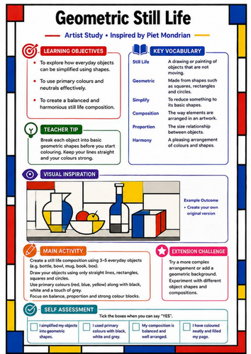 Piet Mondrian Geometric Still Life | KS3 Art Worksheet & Cover Lesson