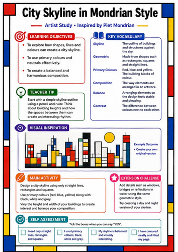 Piet Mondrian City Skyline | KS3 Art Worksheet & Cover Lesson