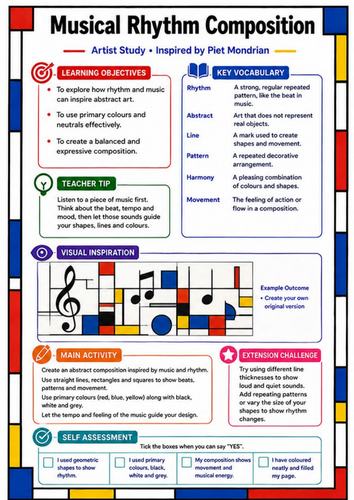 Piet Mondrian Musical Rhythm Composition | KS3 Art Worksheet