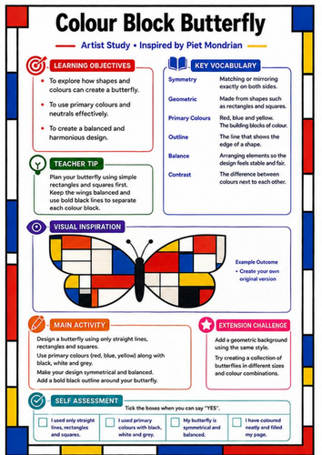 Piet Mondrian Colour Block Butterfly | KS3 Art Worksheet & Cover Lesson