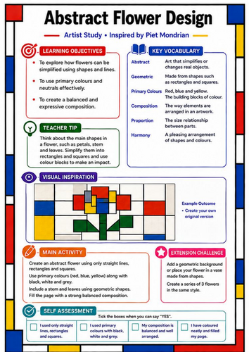 Piet Mondrian Abstract Flower Design | KS3 Art Worksheet & Cover Lesson