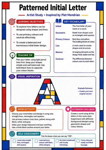 Piet Mondrian Patterned Initial Letter | KS3 Art & Typography Worksheet