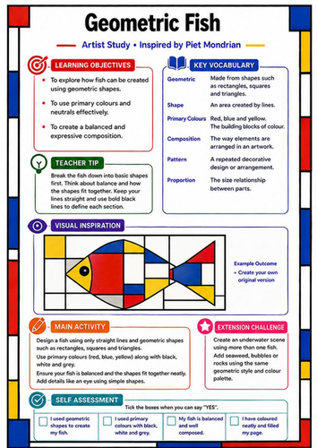 Piet Mondrian Geometric Fish | KS3 Art Worksheet & Cover Lesson