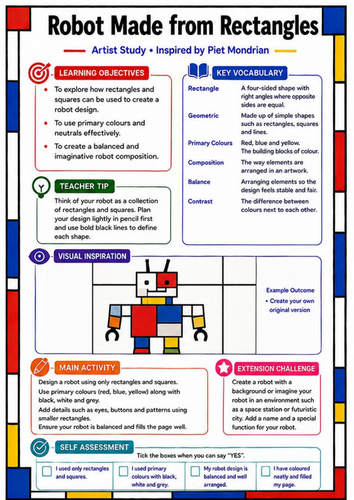 Piet Mondrian Robot Made from Rectangles | KS3 Art Worksheet
