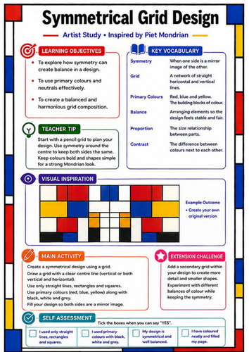 Piet Mondrian Symmetrical Grid Design | KS3 Art Worksheet & Cover Lesson