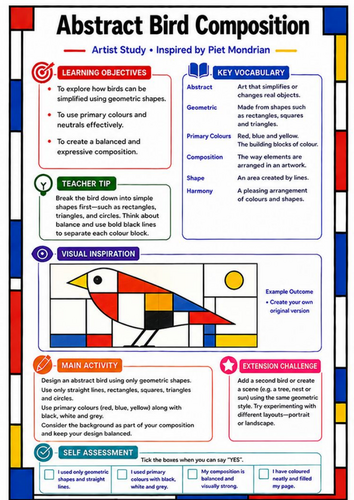 Piet Mondrian Abstract Bird Composition | KS3 Art Worksheet