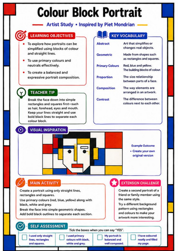 Piet Mondrian Colour Block Portrait | KS3 Portrait Art Worksheet
