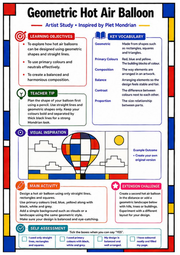 Piet Mondrian Geometric Hot Air Balloon | KS3 Art Worksheet