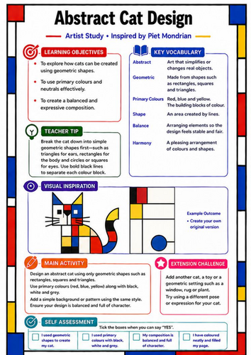 Piet Mondrian Abstract Cat Design | KS3 Art Worksheet & Cover Lesson