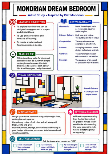 Piet Mondrian Dream Bedroom | KS3 Interior Design Art Worksheet