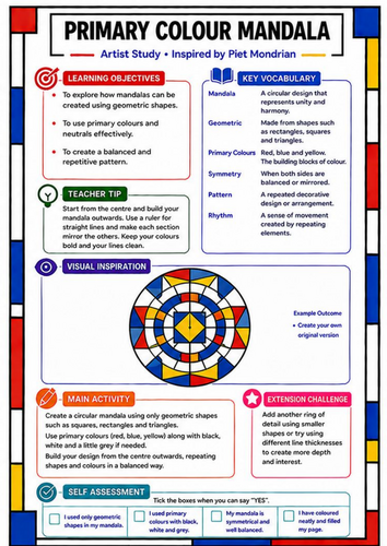 Piet Mondrian Primary Colour Mandala | KS3 Art Worksheet