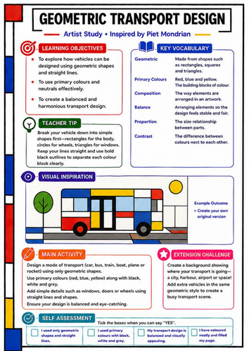 Piet Mondrian Geometric Transport Design | KS3 Art Worksheet