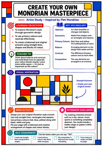Create Your Own Piet Mondrian Masterpiece | KS3 Art Worksheet