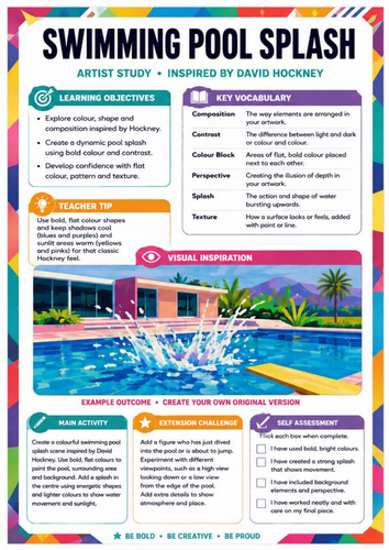 David Hockney Swimming Pool Art Worksheet | KS3 Colour, Shape & Splash Painting