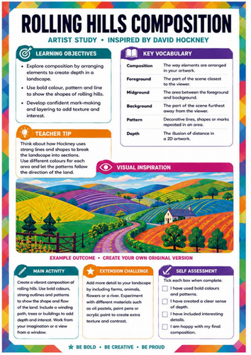 David Hockney Rolling Hills Landscape Worksheet | KS3 Composition & Colour