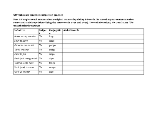 GO verbs easy sentence completion practice