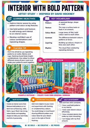 David Hockney Interior Art Worksheet | KS3 Bold Pattern, Colour & Design Activity