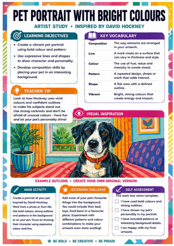 David Hockney Pet Portrait Art Worksheet | KS3 Colour, Pattern & Portrait Activity