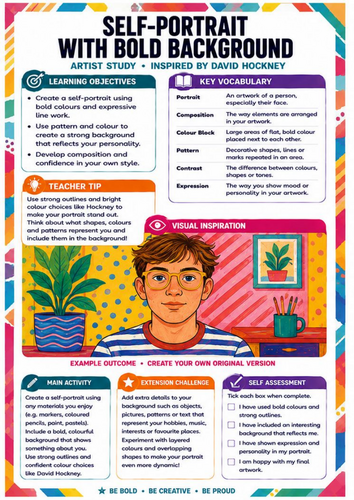 David Hockney Self-Portrait Worksheet | KS3 Bold Colour & Pattern Art Activity