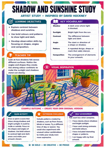 David Hockney Shadow & Sunshine Art Worksheet | KS3 Light, Colour & Observation