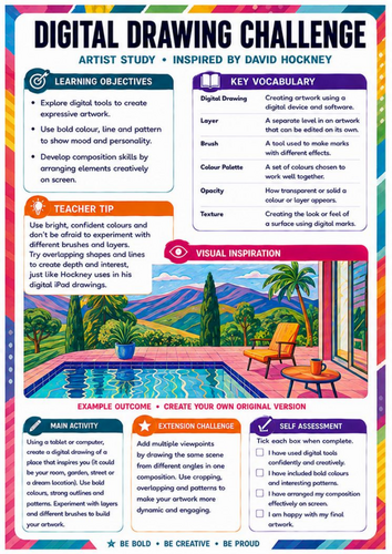 David Hockney Digital Drawing Worksheet | KS3 Digital Art & Colour Challenge