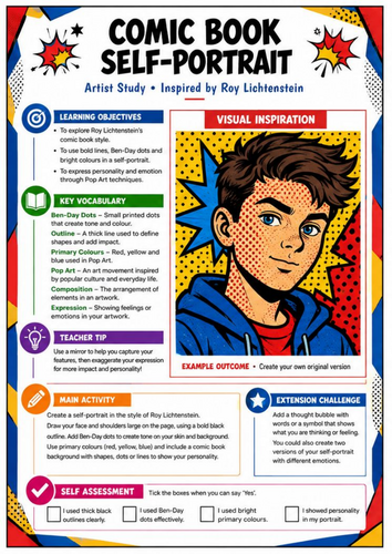 Roy Lichtenstein Comic Book Self-Portrait | Pop Art KS3 Art Worksheet