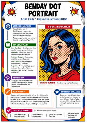 Roy Lichtenstein Ben-Day Dot Portrait | Pop Art Portrait KS3 Worksheet