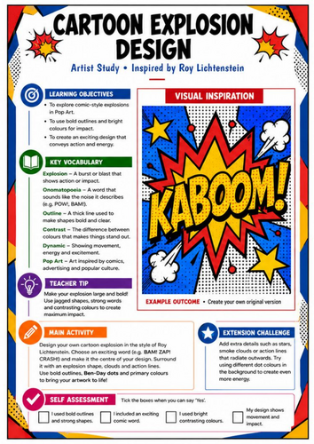 Roy Lichtenstein Cartoon Explosion Design | Pop Art KS3 Worksheet