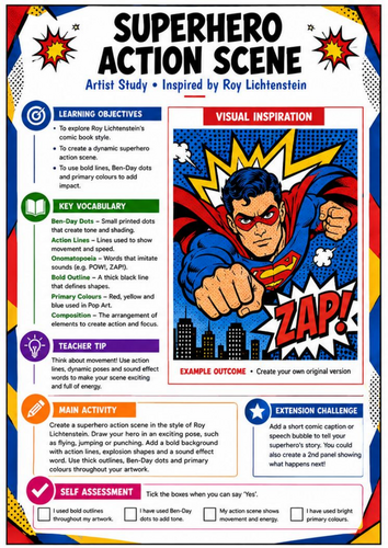 Roy Lichtenstein Superhero Action Scene | Pop Art KS3 Art Worksheet