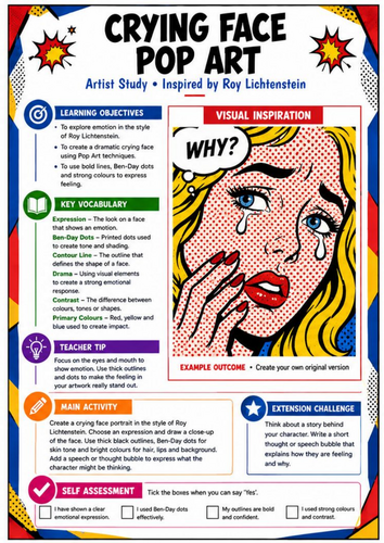 Roy Lichtenstein Crying Face Pop Art | Portrait KS3 Art Worksheet