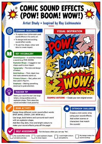 Roy Lichtenstein Comic Sound Effects | POW BOOM WOW Pop Art Worksheet
