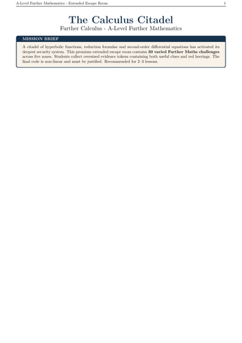 A Level Further Maths Further Calculus Escape Room | Hyperbolic Functions & Differentiation