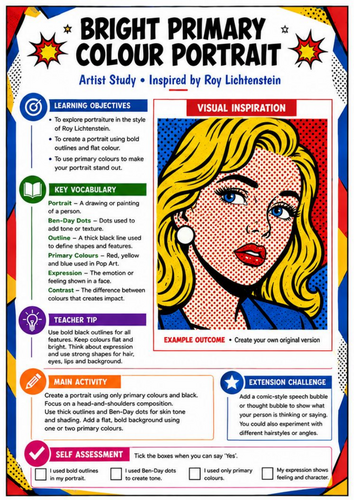 Roy Lichtenstein Bright Primary Colour Portrait | Pop Art KS3 Worksheet