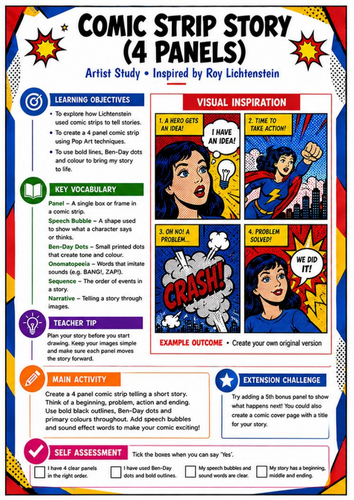 Roy Lichtenstein Comic Strip Story | 4 Panel Pop Art KS3 Worksheet