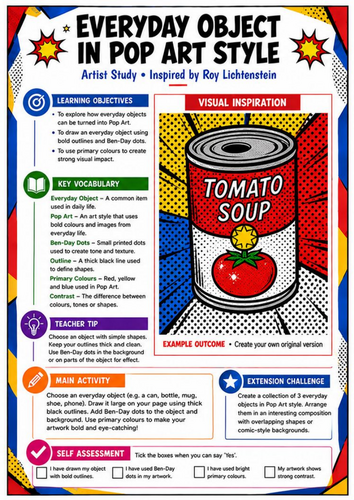 Roy Lichtenstein Everyday Object in Pop Art Style | KS3 Art Worksheet