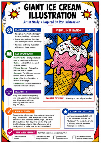 Roy Lichtenstein Giant Ice Cream Illustration | Pop Art KS3 Worksheet