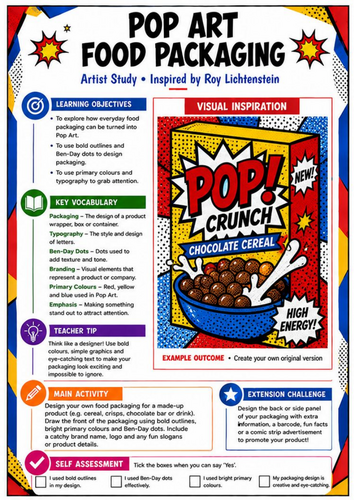 Roy Lichtenstein Pop Art Food Packaging Design | KS3 Art Worksheet