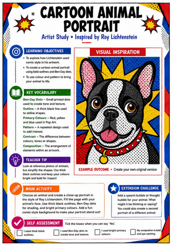 Roy Lichtenstein Cartoon Animal Portrait | Pop Art KS3 Worksheet