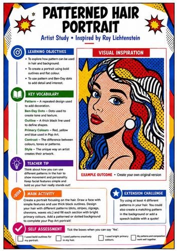 Roy Lichtenstein Patterned Hair Portrait | Pop Art KS3 Art Worksheet