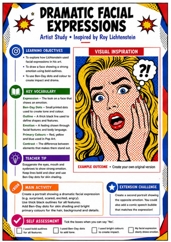 Roy Lichtenstein Dramatic Facial Expressions | Pop Art KS3 Worksheet