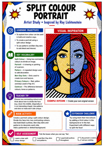 Roy Lichtenstein Split Colour Portrait | Pop Art KS3 Art Worksheet