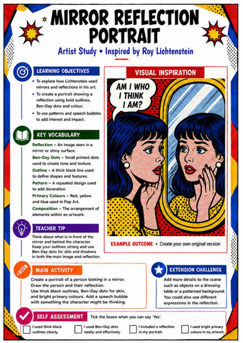 Roy Lichtenstein Mirror Reflection Portrait | Pop Art KS3 Worksheet