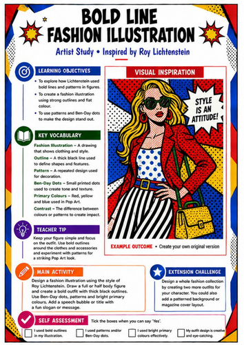 Roy Lichtenstein Bold Line Fashion Illustration | Pop Art KS3 Worksheet