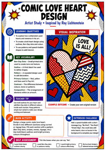 Roy Lichtenstein Comic Love Heart Design | Pop Art KS3 Worksheet