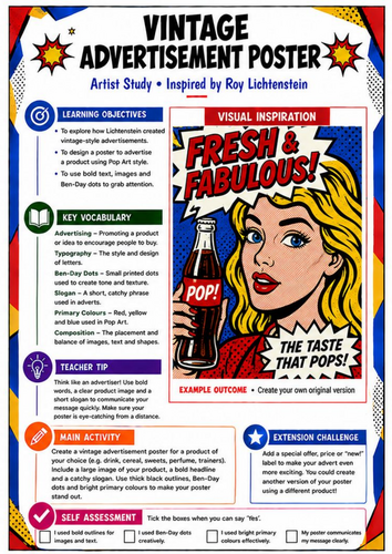 Roy Lichtenstein Vintage Advertisement Poster | Pop Art KS3 Worksheet