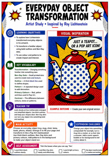 Roy Lichtenstein Everyday Object Transformation | Pop Art KS3 Worksheet