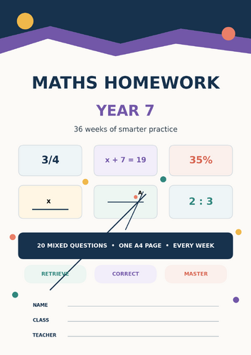Year 7 Maths Homework Booklet | 36 Weeks | KS3 Mixed Retrieval | Full Answer Key