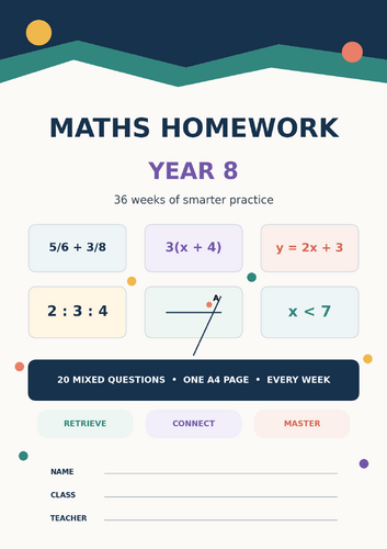 Year 8 Maths Homework Booklet | 36 Weeks | KS3 Retrieval Practice | Answers Included